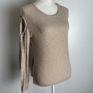 Shelly Beige Open Cold Shoulder Long Sleeve Knit Blouse Top Ribbed MEDIUM‎